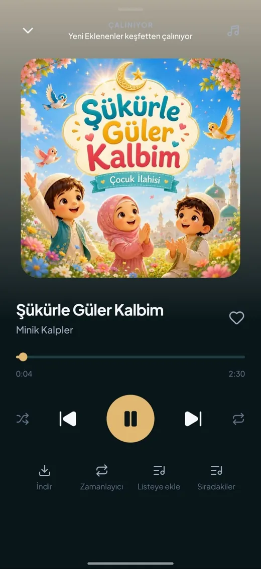 İlahi Vakti çalar ekranı: bir çocuk ilahisi çalıyor, kapak görseli, ilerleme çubuğu ve oynatma düğmeleri görünüyor